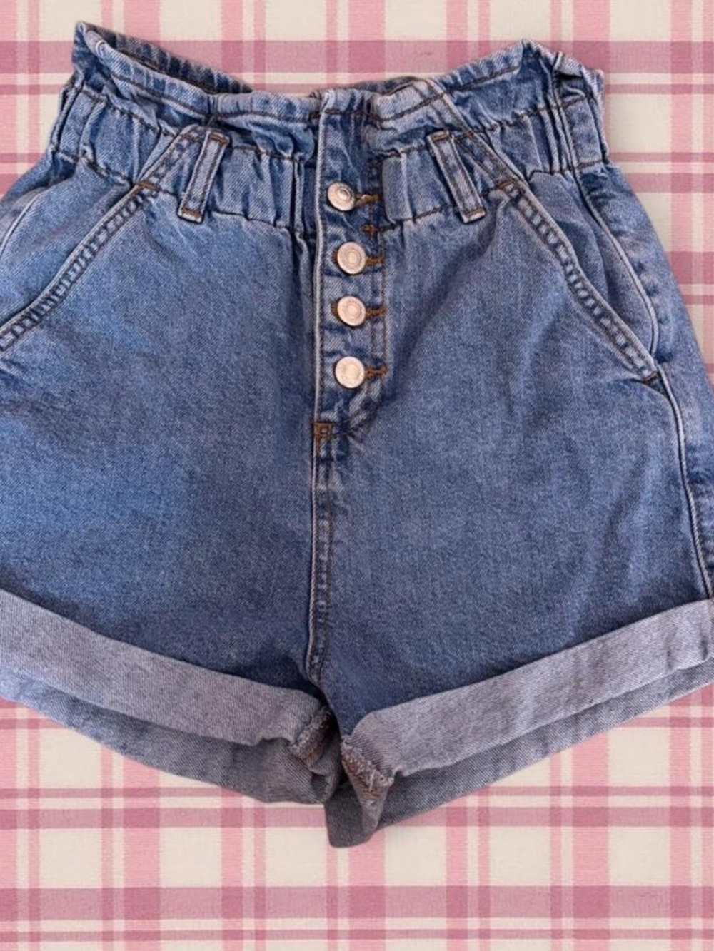 Topshop High-Waist Button Front Denim Shorts - Blue